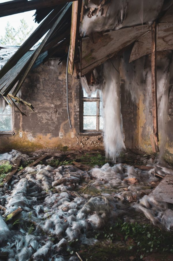 Ruine, Glaswolle, Steine, Holz, eingestürztes Dach,